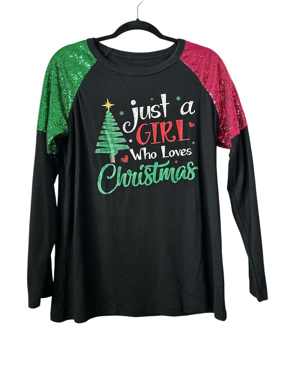 Black Christmas Graphic Tee with Green Tree & Sequin Raglan Sleeves Large TShirt